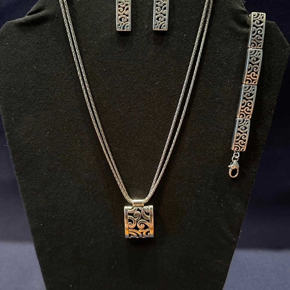 Brighton Silver Rectangle Deco Lace Necklace Bracelet and Earrings Set